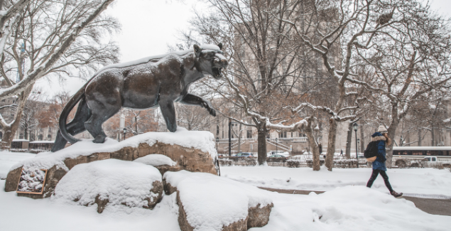Statue of the Pitt Panther covered in snow.
