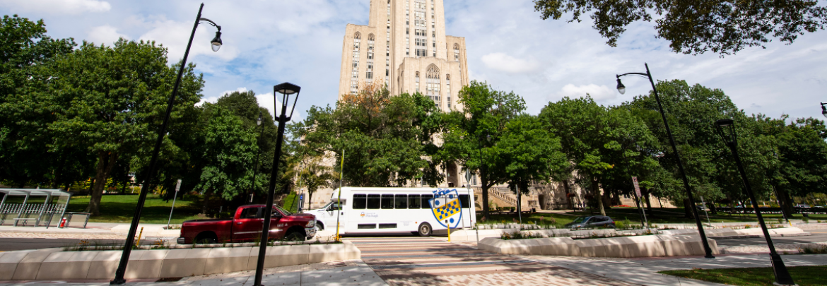 Pitt shuttle outside the Cathedral of Learning