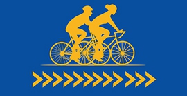 Yellow silhouette of bicyclists on blue background