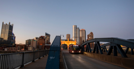 Pittsburgh Regional Transit bus crossing a bridge. 